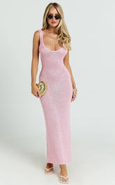 Jenna Maxi Dress - Scoop Neck Sleeveless Sequin Knit Dress in Light Pink