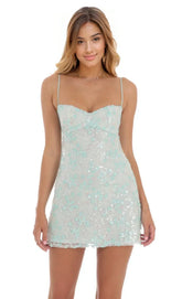 Sequin Embroidered Babydoll Dress in Seafoam