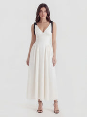 V-Neck Fitted Waist Maxi Dress with Bow Straps
