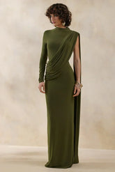 Oliria | Olive High-Neck Maxi Dress With One-Long Sleeve And Sash-Detail