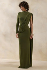 Oliria | Olive High-Neck Maxi Dress With One-Long Sleeve And Sash-Detail
