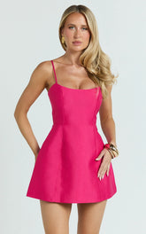 Carolina Mini Dress - Scoop Neck Panel Bodice Dress in Fuchsia