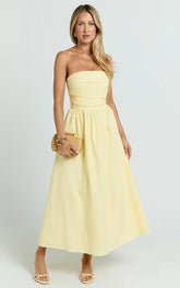 Polly Midi Dress - Strapless Ruched Dress in Lemon