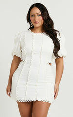 Laila Mini Linen Blend Dress - High Neck Side Cut Out Puff Sleeve Straight Dress in Off White