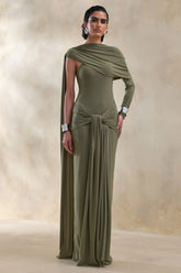 Trisara | Olive Asymmetric-Neck Maxi Dress With Gathered-Detailing And Sash