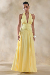 Bettina | Lemon Plunge-Neck Maxi Dress With Gathered-Detailing