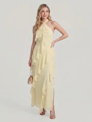 Halterneck Flowy Tiered Ruffle Maxi Dress