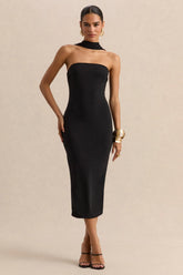 Amariah | Black Bandeau Midi Dress With Scarf-Detail