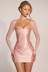 Long-Sleeve Draped Mini Dress in Blush Pink