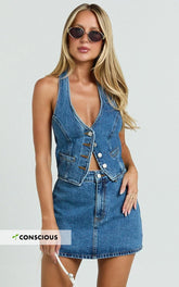 Walton Skort - Mid Waisted Recycled Denim Skort in Dark Blue Wash