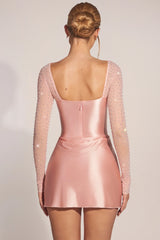 Long-Sleeve Draped Mini Dress in Blush Pink