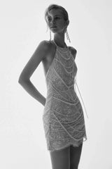 Adora Pearl Halter Mini Dress - White