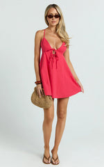 Zora Mini Dress - V Neck Bow Front Baby Doll Mini Dress in Red