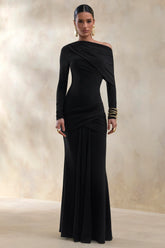 Kessara | Black Asymmetric-Neck Maxi Dress With Sash And Gathered-Detailing