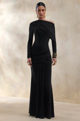 Kessara | Black Asymmetric-Neck Maxi Dress With Sash And Gathered-Detailing