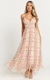 Amalie The Label - Lou V Neck Embroidered Tulle Midi Dress - In Blush