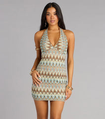 Vacay Vibes Geometric Knit Halter Mini Dress