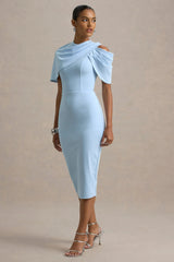 Dorothea | Blue Draped Midi Dress With Cape