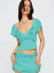 Pappilion Embroidered Top Aqua