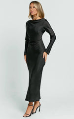 Arriana Midi Dress - Long Sleeve Cowl Back Satin Dress in Black