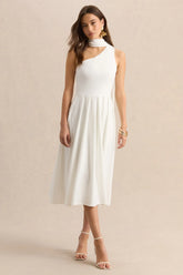 Odette | White Asymmetric-Neck Midi Dress With Scarf