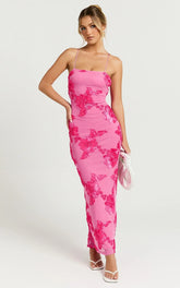 Mina Midi Dress - Embroidered Mesh Dress in Pink