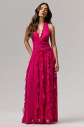 Bea | Hot Pink Plunge-Neck Ruffled Maxi Dress