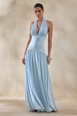 Bettina | Powder-Blue Plunge-Neck Maxi Dress With Gathered-Detailing
