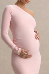 Heloise | Pink Asymmetric One-Sleeve Maternity Maxi Dress