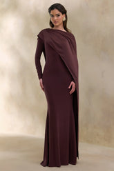 Salenne | Brown Wide-Neck Maxi Dress With Satin Asymmetric-Cape