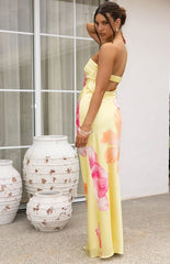 Maiah Yellow Hibiscus Floral Print Maxi Dress
