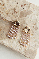 Alina Hammered Circle Tassel Earrings Gold Pearl
