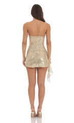 Sequin Side Ruched Strapless Dress in Gold