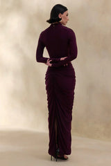 Harmona | Dark Plum High-Neck Maxi Dress With Gathered And Draped-Detailing