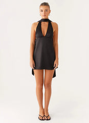Alicia Satin Halter Mini Dress - Black