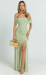 Alanna Maxi Dress - Off Shoulder Ruched Mesh Dress in Sage