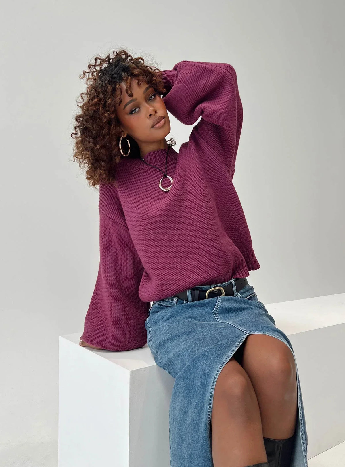 Harmony Balloon Sleeve Knit Sweater Burgundy