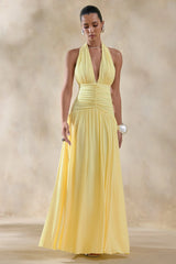 Bettina | Lemon Plunge-Neck Maxi Dress With Gathered-Detailing