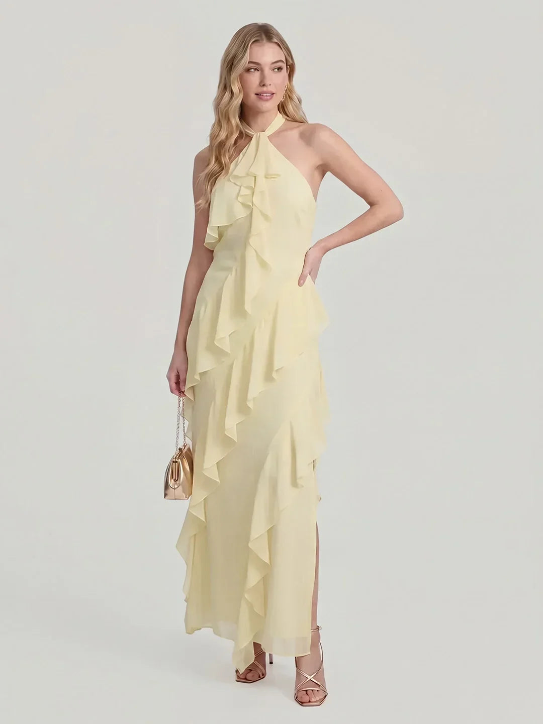 Halterneck Flowy Tiered Ruffle Maxi Dress