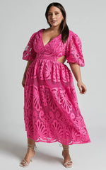 Anieshaya Midi Dress - V Neck Cut Out Lace Dress in Pink