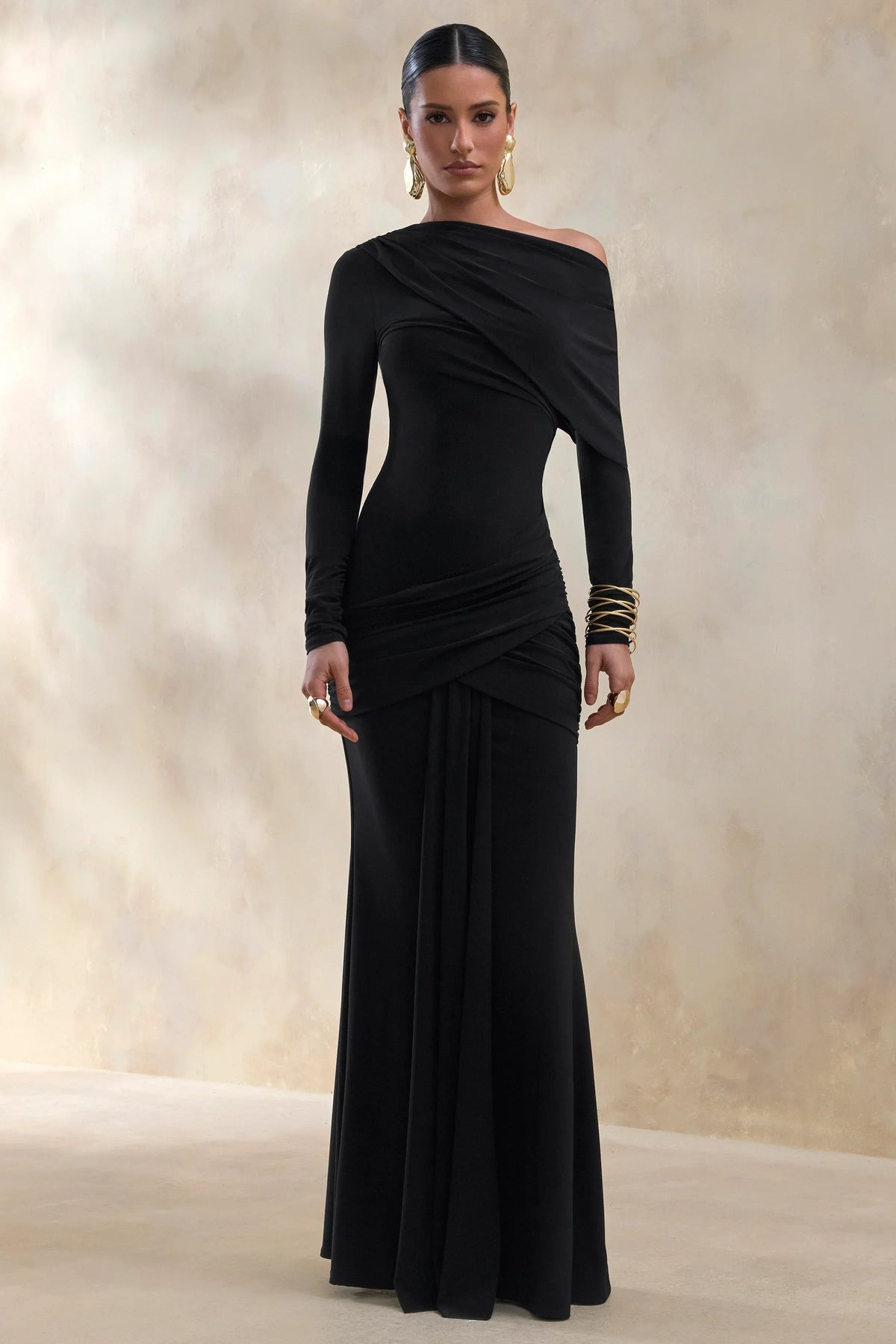 Kessara | Black Asymmetric-Neck Maxi Dress With Sash And Gathered-Detailing