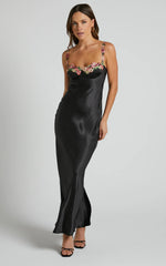 Harmony Maxi Dress - Floral Detail Cup Bust Satin Dress in Black