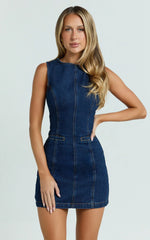 Olenna Mini Dress - High Neck Fitted Denim Dress in Indigo Wash