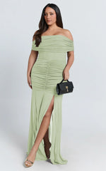 Alanna Maxi Dress - Off Shoulder Ruched Mesh Dress in Sage