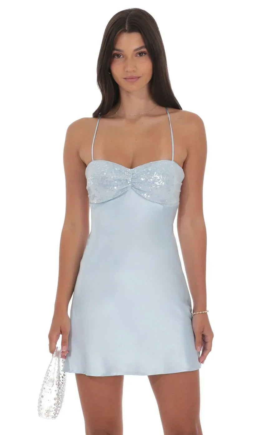 Satin Sequin Bust Dress in Light Blue