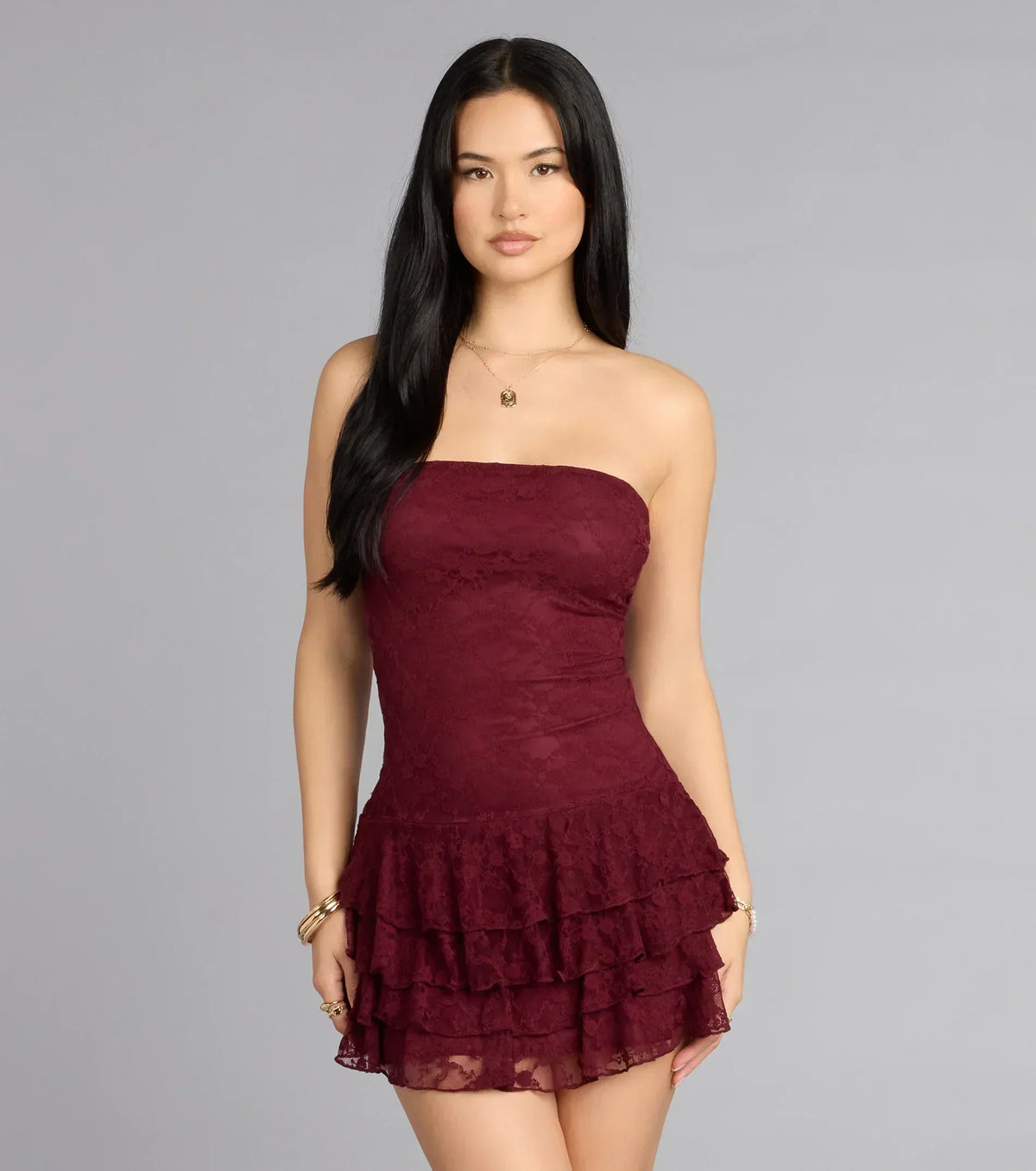 Flirt First Strapless Lace Tiered Mini Dress