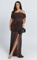 Alanna Maxi Dress - Off Shoulder Ruched Mesh Dress in Chocolate