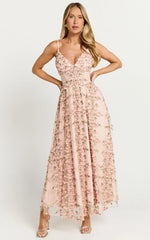 Amalie The Label - Lou V Neck Embroidered Tulle Midi Dress - In Blush