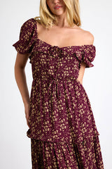 Adorable Ideal Burgundy Floral Print Tiered Ruffled Midi Dress